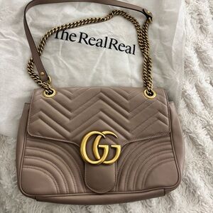 Gucci Tan Leather Marmont Shoulder Bag with Gold Chain